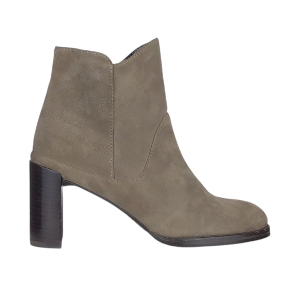Stuart Weitzman Mcclean Suede Taupe Heeled Ankle Boot with Crescent Heel - Picture 3 of 16